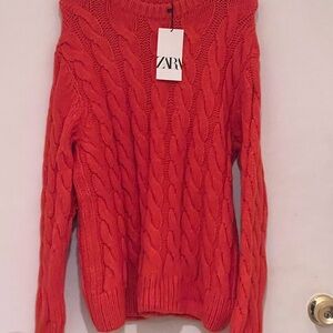 Zara Men's Orange Cable Knit Turtleneck Sweater